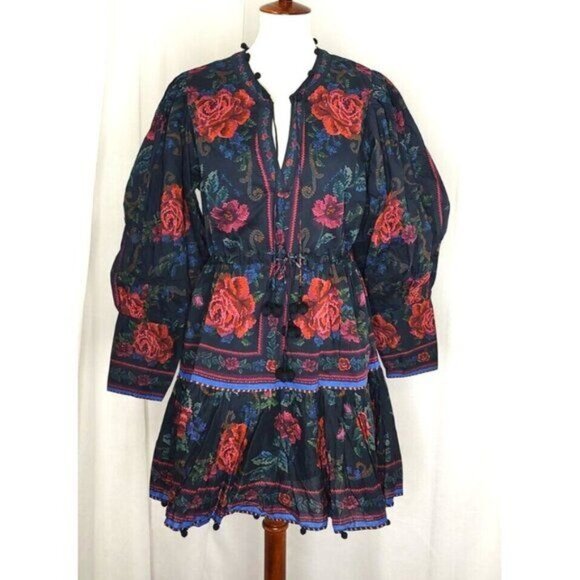 FARM Rio Mini Dress S Black Flower Tapestry Teal Floral Cottagecore Summer - Picture 5 of 16